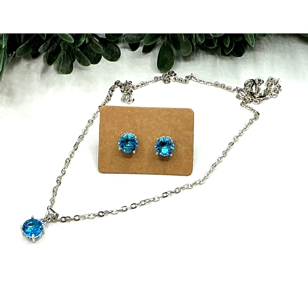 Silver Tone Chain Necklace And Earring Set With Blue Gemstones